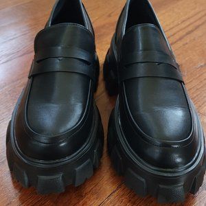 (BLACK, Size 7) AnnaKastle Womens Chunky Platform Slip on Penny Loafers
